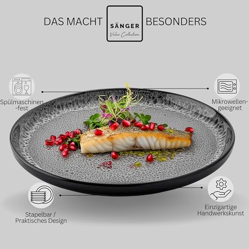 Sänger Sydney | Teller Set 6 Personen, Steingut Geschirr Set 6 teilig, Speiseteller Essteller Dinner Set kratzfest, Plates Set spülmaschinenfest, Steingut Speise Teller dunkel grau | VALUE COLLECTION