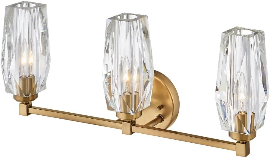 Hinkley 52483HB Ana Three Light Bath Vanity Fixture, Modern Glam Style, Faceted Heavy-Cut Diamond-Shaped Crystal Shade, in Heritage Brass