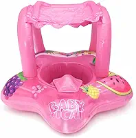 Boia Inflável Baby Float com Capota – Assento Infantil em PVC Reforçado, Estampa Frutas, Piscina e Praia – Cores Azul, Amarelo e Rosa – LUMA Festas