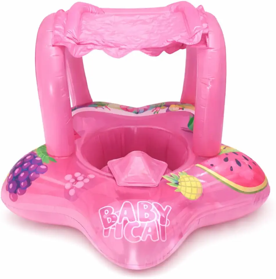 Boia Inflável Baby Float com Capota – Assento Infantil em PVC Reforçado, Estampa Frutas, Piscina e Praia – Cores Azul, Amarelo e Rosa – LUMA Festas