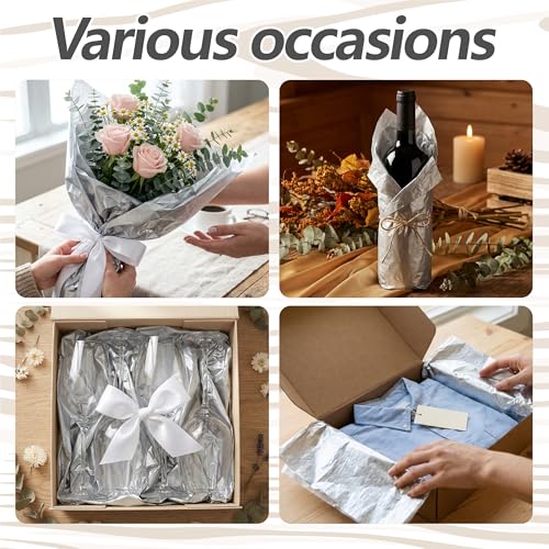 Image of Bobobag 100 Sheets Silver Tissue Paper,14 inchX20 inch Metallic Tissue Paper for Gift Bags, Birthday Anniversary Christmas Tissue Gift Wrapping, Holiday Decoration & Arts Craft