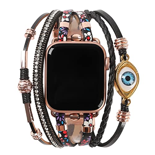 Posh Leather Bracelet Bands Compatible With Apple Watch Band 38Mm 40Mm 41Mm, Boho Handmade Jewelry Multilayer Wrap Strap Smartwatch Wristband For Iwatch Series Se 7 6 5 4 3 2 1 Women (38Mm/40Mm/41Mm, Black Pink Floral) #TOP2