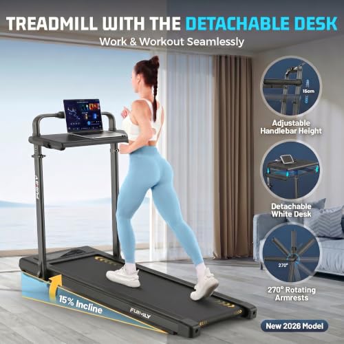 Image of FUNMILY Upgrade Walking Pad Folding Treadmill with 12% /15% Incline & Handle Bar, 3.5HP Foldable Under Desk Compact Treadmills for Home /Office /Gym, 400+lb Capacity, Shock Absorption