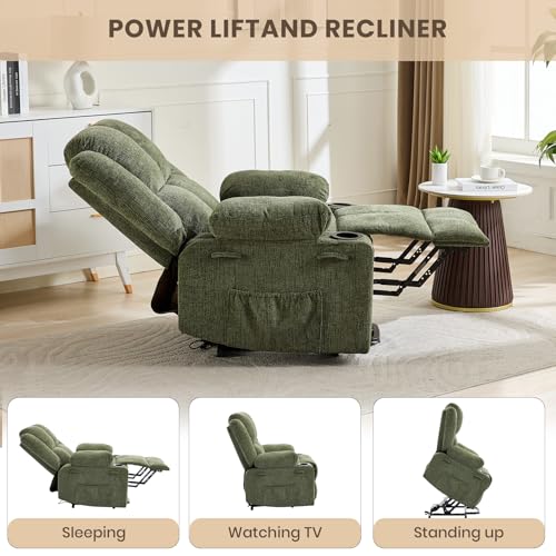 Image of Oversized Power Lift Recliner Chair for Elderly, 135 Lay Flat Electric Recliner with Massage & Heat, Stand Assist Lift Chair with 2 Cup Holders for Living Room,Green