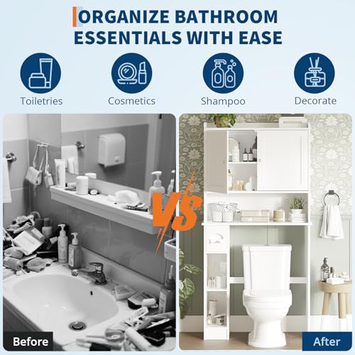 Over The Toilet Storage Cabinet with Toilet Paper Holder Double Door Bathroom Organizer with Adjustable Shelves Freestanding Bathroom Shelf Toilet Storage Cabinet Space-Saving Toilet Rack, White