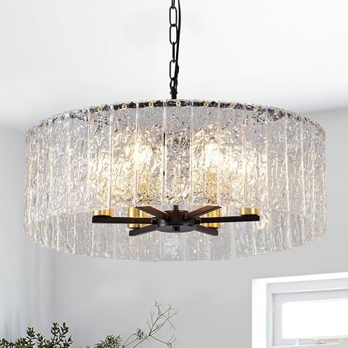 23.8” Modern Crystal Chandeliers for Dining Room 6-Light, Luxury Water Ripple Glass Chandelier Over Table, Black Round Light Fixture Farmhouse for Dining Room Foyer Living Room Bedroom