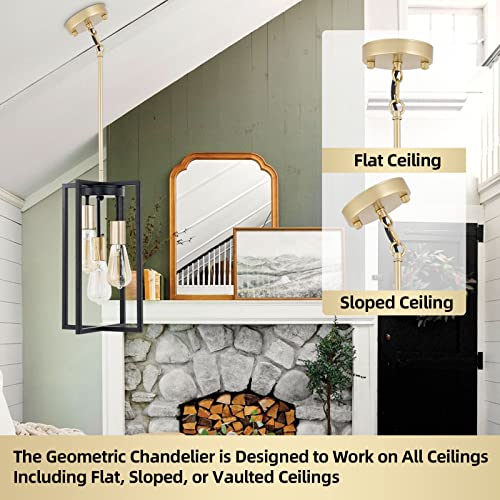 Industrial Farmhouse Pendant Lights, Rectangle 3-Light Modern Black and Golden Chandelier,Geometric Metal Cage Adjustable Rods Pendant Lighting Fixture for Kitchen Island Dining Room Living Room Foyer - Image 2