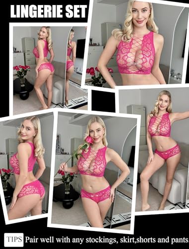 Image of Avidlove Womens Fishnet Lingerie Set Sexy Two Piece Lingeries Hollow Out Stripper Outfit Heart Print Mesh Crop Tops