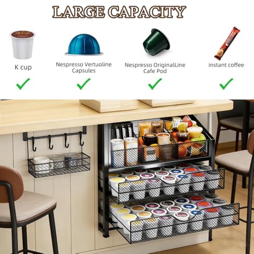 Kvittra Coffee Bar Organizer - 2-Tier K-Cup & Coffee Pod Holder Stand with Dividers - Storage for Coffee Pods, K Cups, Syrup Bottles, Mugs, Creamer, Stirrers, Sugar Packets, Tea Bags - Image 4