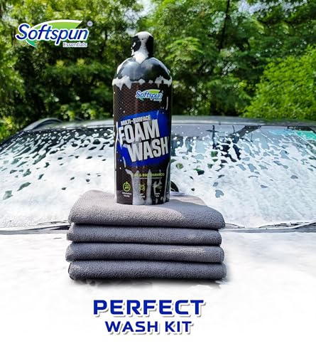 Image of SOFTSPUN Essentials 1 ltr Car shampoo combo 40x40cm 340gsm 4pcs Grey! Car & Bike Premium Liquid Shampoo Combo | Extra Suds, Removes Tough Dirt & Grime | pH Neutral | Works with Bucket &Foam Cannon.
