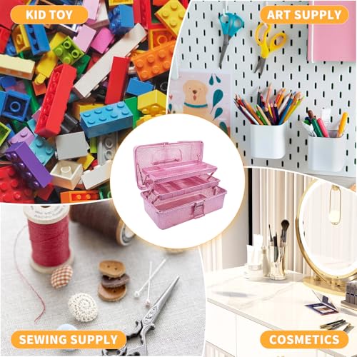 Image of 12.2inch 3-Layer Art & Craft Storage Organizer, Portable Plastic Tackle Box, Multipurpose Case for Sewing Supplies, Medicine, Makeup, Hair Accessories & Painting Tools, Pink