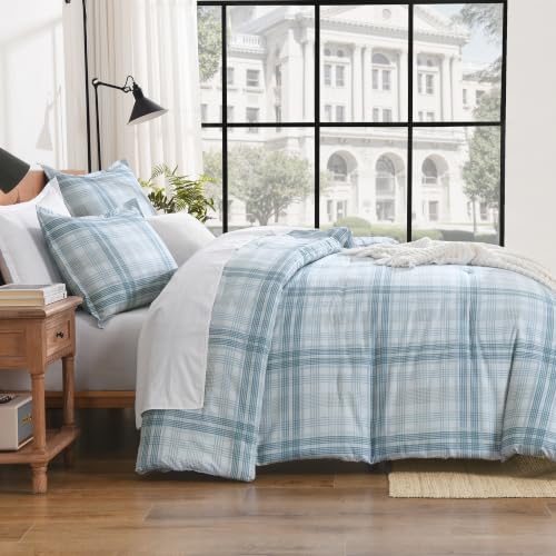 Image of Andency Blue Grey Comforter Set Full(79x90 Inch), Gingham Checkered Grid Stripes Bedding Comforter Sets for Boys Girls Kids, 3 Pieces Preppy Geometric Line Soft Lightweight Reversible Bed Set as Gift