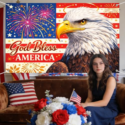 Image of IVN Patriotic Eagle Banner 71x43 Inch 4th of July Veterans Day Memorial God | Polyester Patriotic Eagle 4th of July Veterans design for 4th of July Independence Day Memorial Day and Veterans Day decor