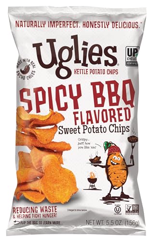 UGLIES Spicy BBQ Sweet Potato Kettle-Cooked Potato Chips, Gluten-Free Snacks, Kosher-Friendly, Non-GMO Chips, Snacks for Kids or Office, 5.5 Oz. Bags, Pack of 4
