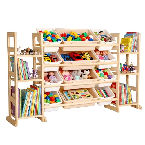 Amdermi Kids Toy Storage Organizer, 52' W White 6-Shelf Bookcase with 12 Bins, Cubby Unit for Toddler Playroom & Bedroom Organization