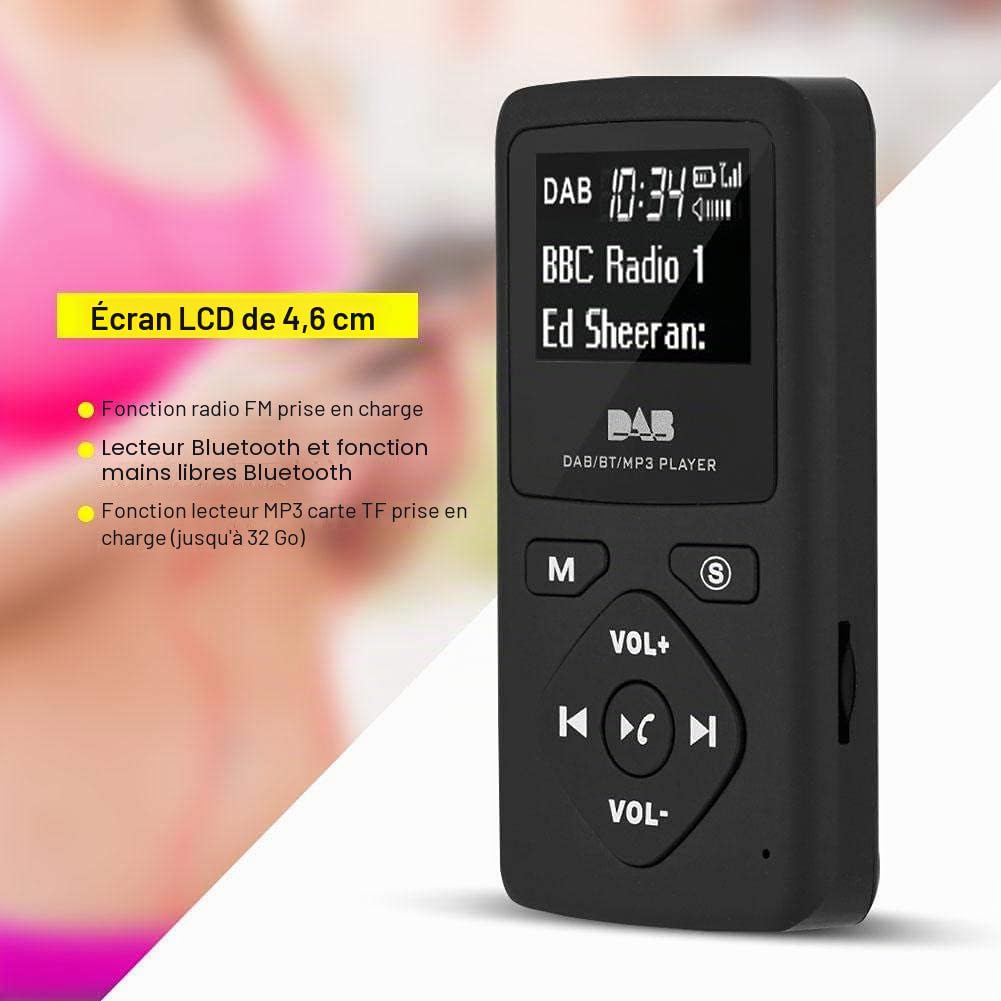 Richer-R Lecteur MP3, portable DAB/DAB + récepteur radio numérique de poche, lecteur MP3 Bluetooth avec écran LCD de 1,8 pouces, support casque mains libres, fonction radio FM
