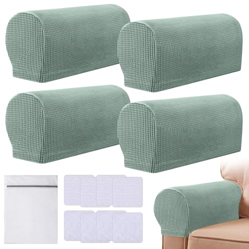 Armrest Chair Covers, Set of 4 Stretch Armchair Covers for Arms Anti-Slip Furniture Protector with Laundry Bag, Machine Washable Arm Chair Sleeves, Armrest Cover for Sofa Couch Recliner (Green)
