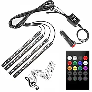 Kozdiko Car Atmosphere LED Lights 4pcs 48 LED DC 12V Multicolour Music Car Strip Light Interior Under Dash Lighting Kit with Sound Active Function and Wireless Remote Control.