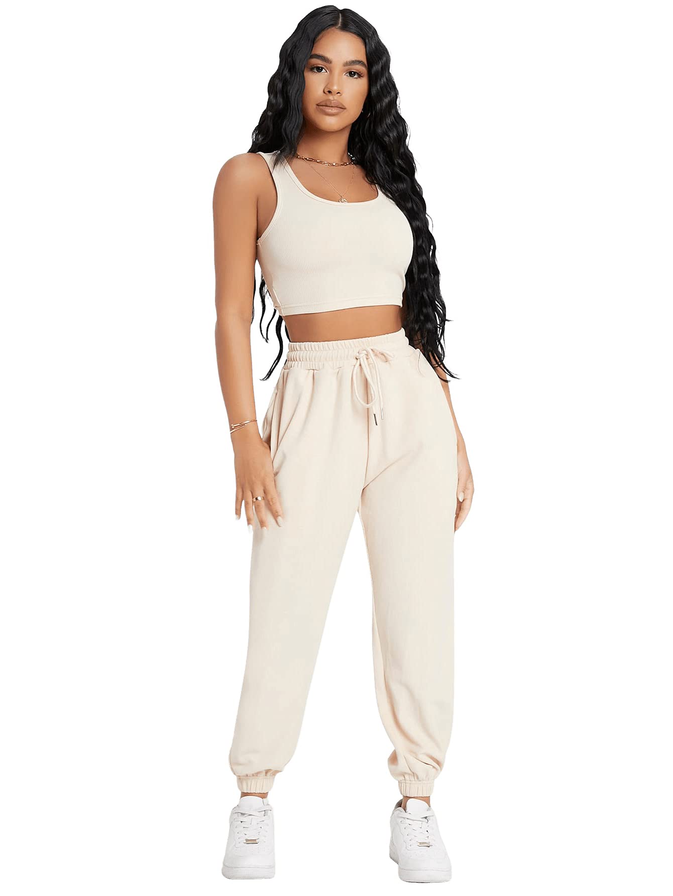 Floernswomens Solid Drawstring Waist Jogger Set Crop Tank Top Two