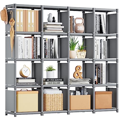Image of Mavivegue Book Shelf, 16 Cube Storage Organizer, DIY Bookcase, Metal Cube Bookshelf,Tall Book case for Bedroom, Living Room,Office,Closet Storage Organizer, Grey Cubicle Storage Rack