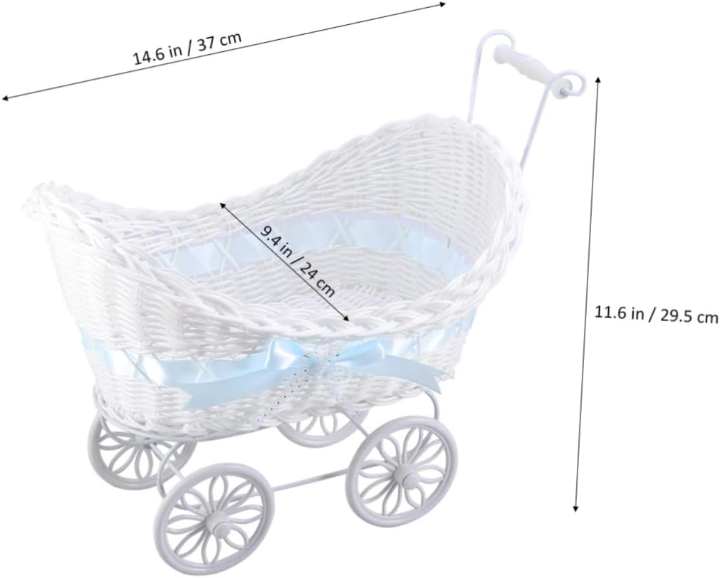 Cabilock Blue Rattan Mini Stroller Flower Basket Cane Cloth Knitted Tricycle Ornament Vintage Carriage Decor for Wedding Shower Birthday Party Home and Outdoor Furnishing