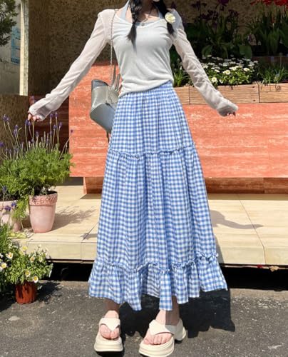 chouyatou Women's Vintage Plaid Ruffle Skirt High Elastic Waist A Line Swing Pleated Long Skirt4