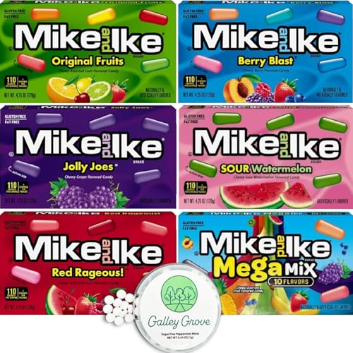 Mike Ike 4.25 OZ Theater Box Variety Bulk (6-Pack) - Jolly Joe's, Red Rageous, Berry Blast, Sour Watermelon, Original Fruit, Mega Mix With Galley Grove Sugar-Free Peppermint Breath Mints