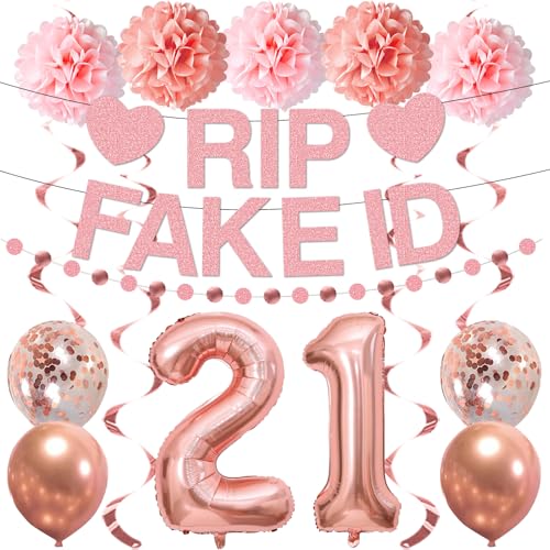 Kit ballons 21e anniversaire fille avec guirlande RIP FAKE ID et pompons suspendus