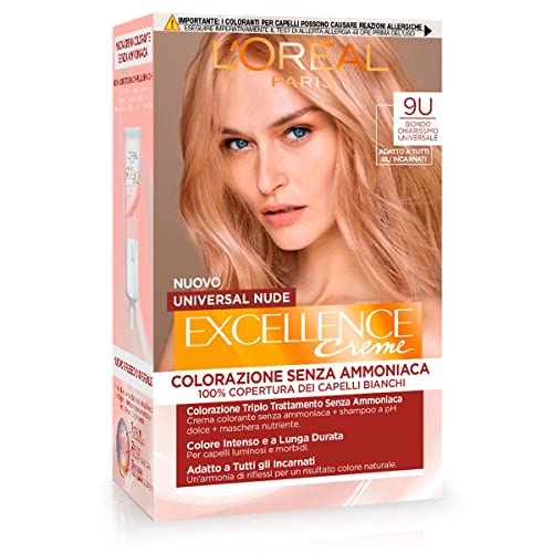 L’Oréal Paris Colorazione Permanente Excellence Universal Nude, Senza Ammoniaca, Con Riflesso Universale, Adatto a Tutti gli Incarnati, Colore Intenso a Lunga Tenuta, Biondo Chiariss 9u