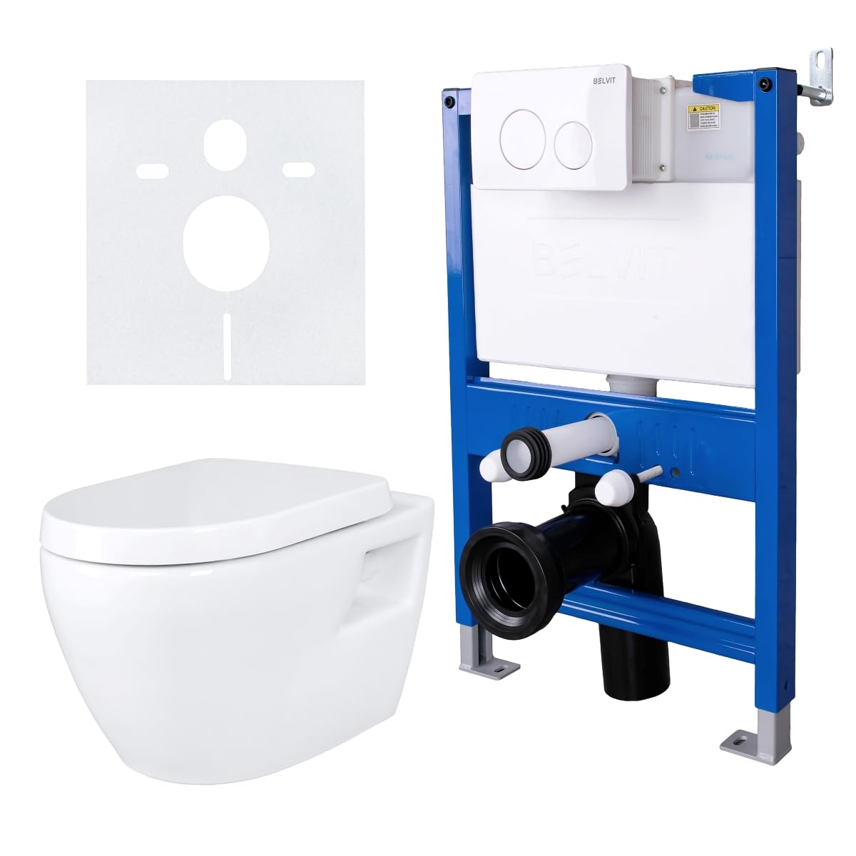 Belvit Inodoro de pared completo con elemento de pared de 75 – 82 cm, sin borde de lavado, inodoro colgante con asiento de cierre suave, cisterna empotrada, placa de pulsador, juego de inodoro para