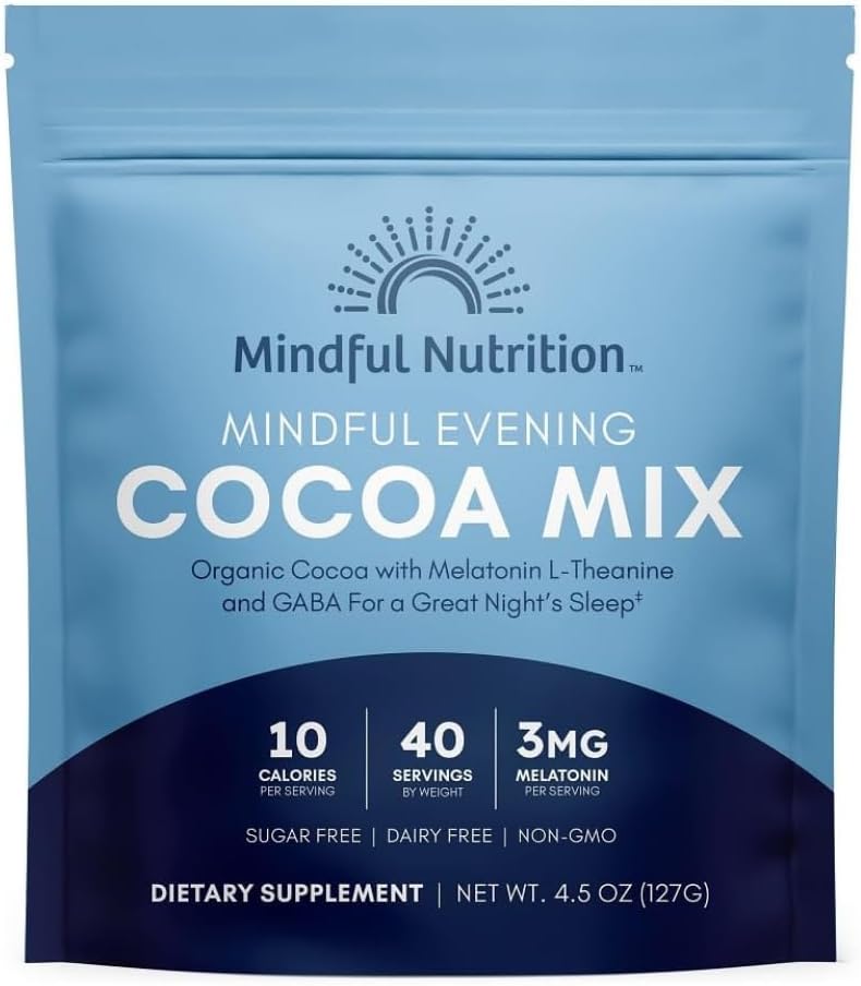 Mindful Evening Sugar Free Cocoa Mix Natural Sleep Aid, 40 Servings, Melatonin 3mg, L-Theanine, GABA Supplements, Natural Calm Sleep Support Stress Relief Calm Sleepy Cocoa Nighttime Hot Chocolate