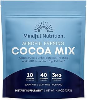 Mindful Evening Sugar Free Cocoa Mix Natural Sleep Aid, 40 Servings, Melatonin 3mg, L-Theanine, GABA Supplements, Natural Calm Sleep Support Stress Relief Calm Sleepy Cocoa Nighttime Hot Chocolate