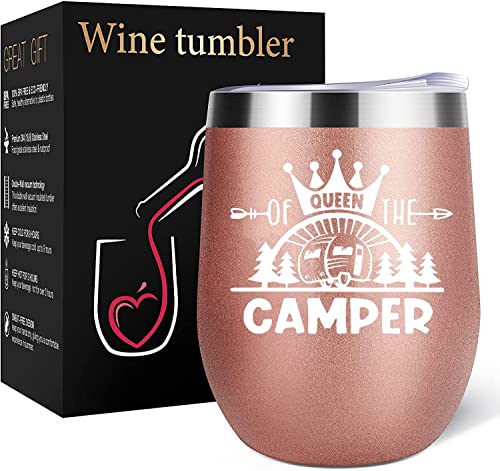 Coolertaste Queen Of The Camper Wine Tumbler, Happy Camper Gifts 12Oz Cup, Gifts For Campers Outdoors, Rv Hiking Camping Coffee Mugs, Camper Lover Couples Glass For Women #TOP6
