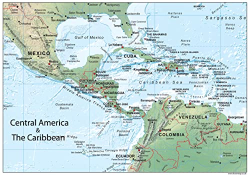 Central America and the Caribbean Physical Map - 39.3 x 27.5 inches – Paper Laminated