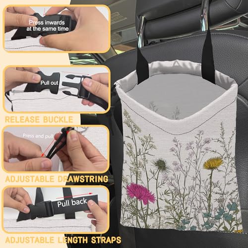 Image of Wild Herb Flower Car Garbage Bag,Vintage Botanical Flowers Small Car Trash Bag Hanging Back of Seat,Drawstring Car Trash Bag with Adjustable Buckle,Car Accessories for Camping Travelling