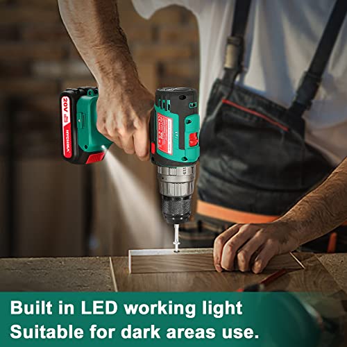 Cordless Drill 20V Max, Hychika Brushless Drill Max Torque 530 In-Lbs, 2.0 Ah Battery 1H Fast Charger, 21+3 Torque Setting 1/2" Automatic Chuck, 20Pcs Drill Bit Set For Home Improvement & Diy Project #TOP4