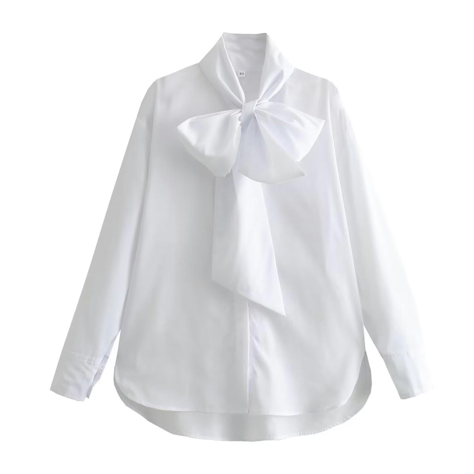 Camicia in Popeline Bianco Serie Casual dal Nuovo Temperamento Primaverile con Decorazione a Fiocco-Bianco-XS