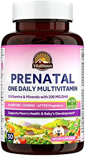 Prenatal Vitamin, with Omega-3 DHA, Folate, Iron, Vit C, D3, Calcium, Zinc, Choline, Supplement for Before, During & After Pregnancy, Supports Baby’s Healthy Growth and Brain Development, 30 Softgels