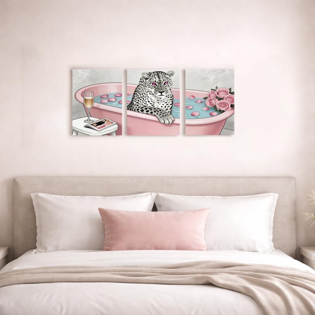 Artiluxy Pink Leopard Wall Art Set of 3, Glam Bathroom Canvas Wall Decor, Chic Fashion Animal Pictures for Girls Bedroom Vanity Makeup Room, Ready to Hang 12x16 Inch (Pink B)