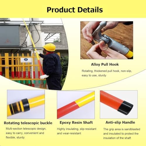 High Voltage Retractable Epoxy Resin Pull Rod, Portable 1.5m (4.9ft) Adjustable Hook, Commercial Safety Tool for Power Stations and Defense