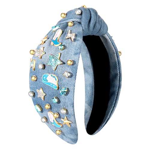 MOLOCH Western Cowgirl Headband for Women Cowboy Boot Hat Stars Knotted Headband Crystal Jeweled Top Knot Hairband Western Country Concert Hair Accessories Bachelorette Outfit Gifts