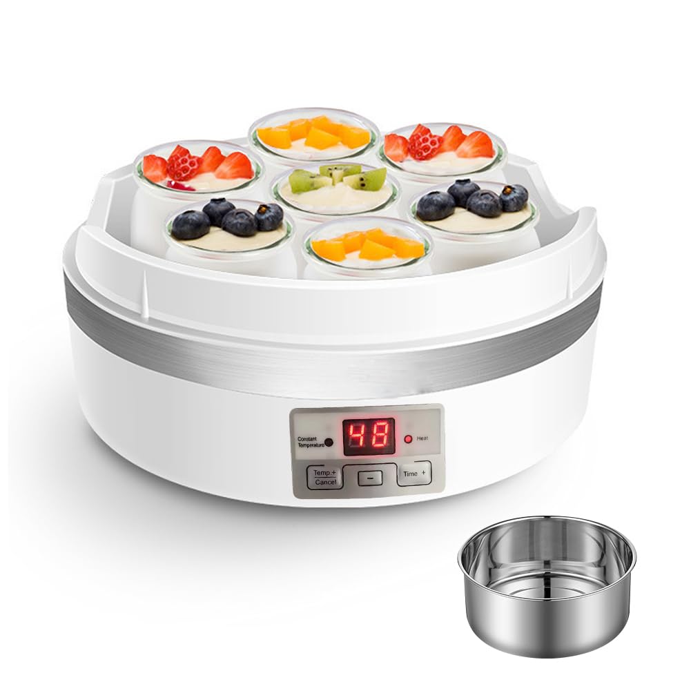 Yogurt Maker Automatic Digital Yoghurt Maker Machine with 7pcs Glass Jars/Lids 49 Oz (7Oz Each Jar) and 1 60Oz Stainless Steel Inner Pot, LCD Display with Constant Temperature Control for Home Use