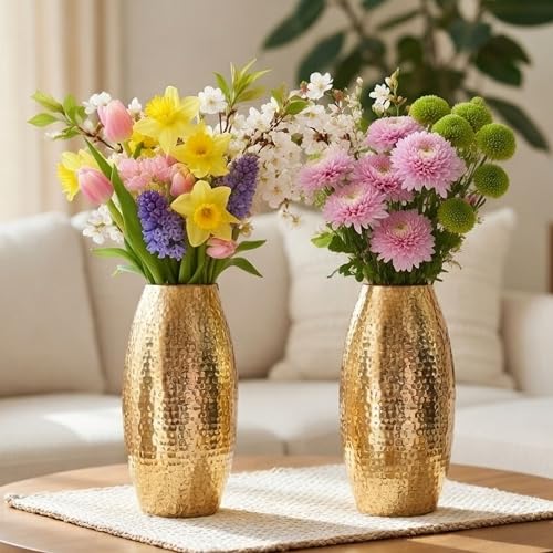Image of BEHOMA Metal Hammered Golden Vase Set of - Set of 2 | Hammered Metal flower vase in Golden - for fresh or artificial flower displays for living room - great wedding gift