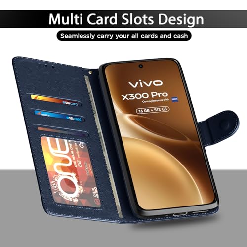 Image of Amazon Basics Flip Cover for Vivo X300 Pro 5G Leather Finish | Wallet Stand and Shock Proof | Inside TPU with Card Pockets | Complete Protection Flip Case (Blue)