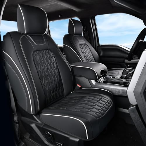 Image of Coverado Premium Leather Front Seat Covers Waterproof Heavy-Duty Protectors Custom Fit for Ford F150 (2015-2026) F250 /F350 /F450 (2017-2026)-Black w /White Stitching, Wear-Resistant