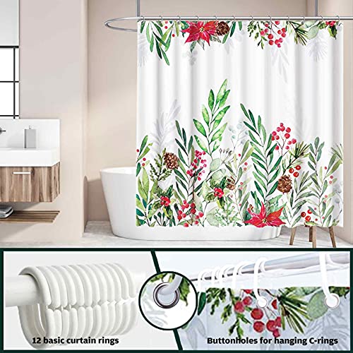 Funnytree Christmas Flower Leaves Shower Curtain Watercolor Winter Floral Natural Holiday Home Bathtubs Bathroom Curtain Decoration Set 12 Hooks Washable Durable Polyester Fabric 72"X72" #TOP3