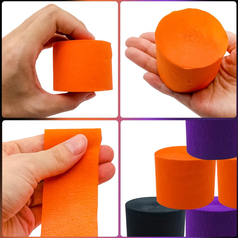 Image of PheiLa Crepe Paper Streamers 6 Rolls 492ft, Crepe Paper Halloween Decorations Orange Black Purple Party Supplies for DIY Gift Wrapping Birthday Holiday Party Decor, 1.77 Inch x 82 Ft /Roll