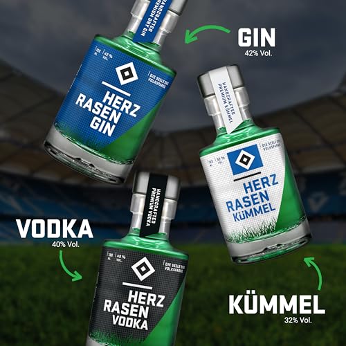HERZRASEN HSV Geschenk Trilogie Set 3x 100 ml Gin Vodka Kümmel Hamburger Alkohol Geschenkset mit echtem Volksparkstadion Rasen - Premium Geschenke Box
