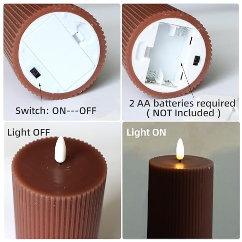 Image of 3 Pack Wax LED Flameless Candles with Remote Real Wax Battery Operated Electric Pillar Candle Set with Vertical Stripes 3D Black Wick for Home Party Wedding Decorations, Brown, D 3 x H 4 /5 /6 inch