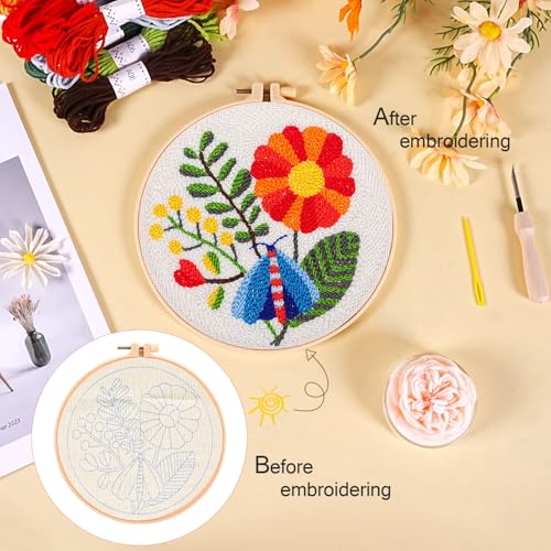 Image of KESTAR Punch Needle Embroidery Starter Kits, Flower Dragonfly Punch Needle Kits for Adults Beginner, Needle Punch Kit Tool with Instruction Threader Fabric Yarns and Hoop